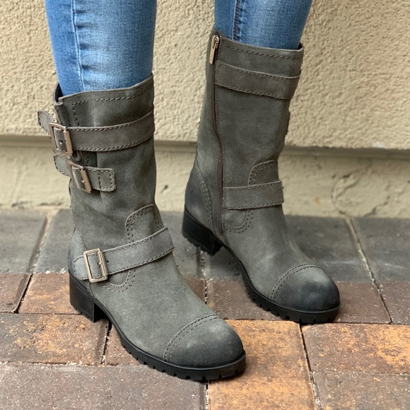 Charcoal Gray Distressed Suede Combat Moto Boots - Picture 1 of 7